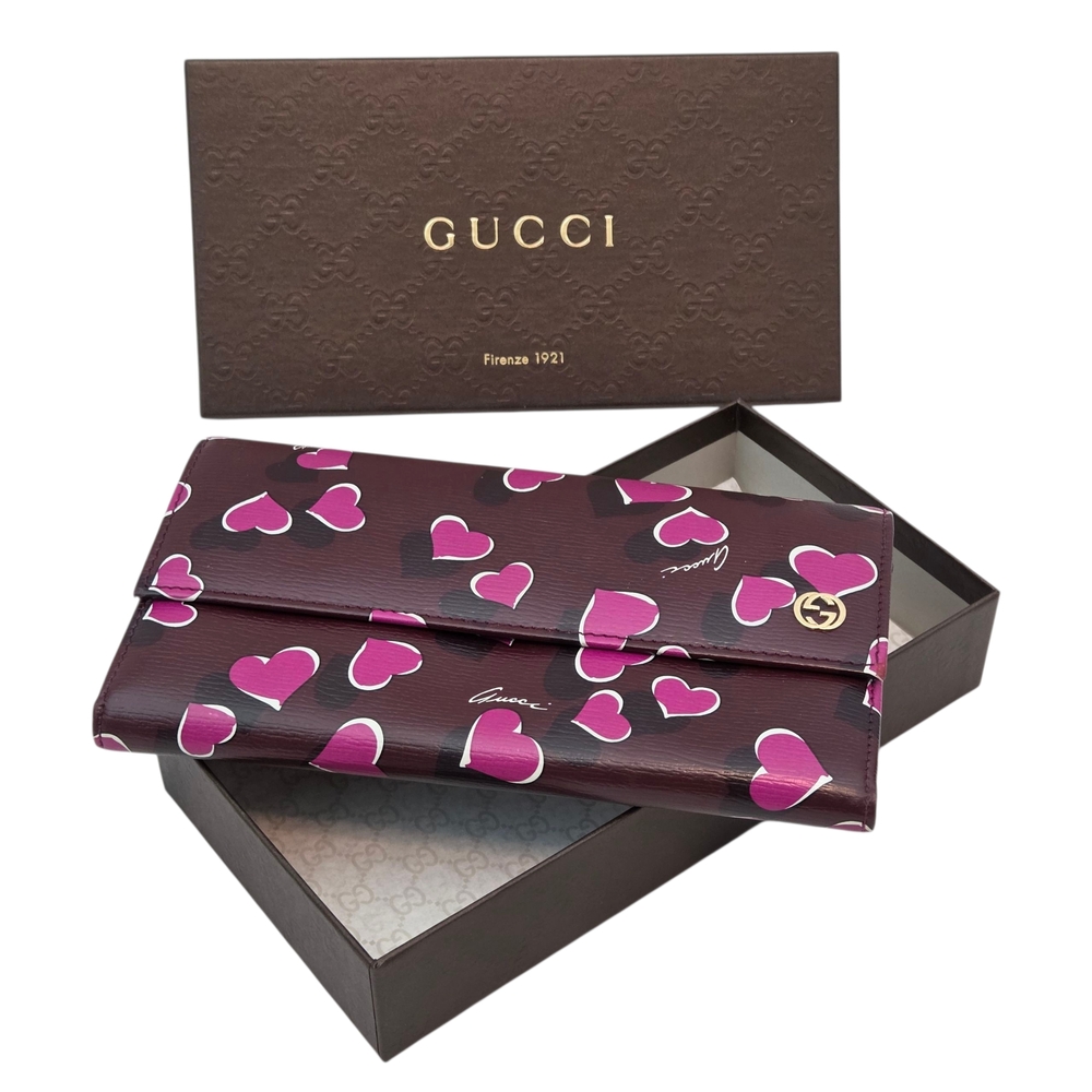 Gucci Limited Edition Heartbeat Bordeaux Leather Long Wallet With Pink Hearts